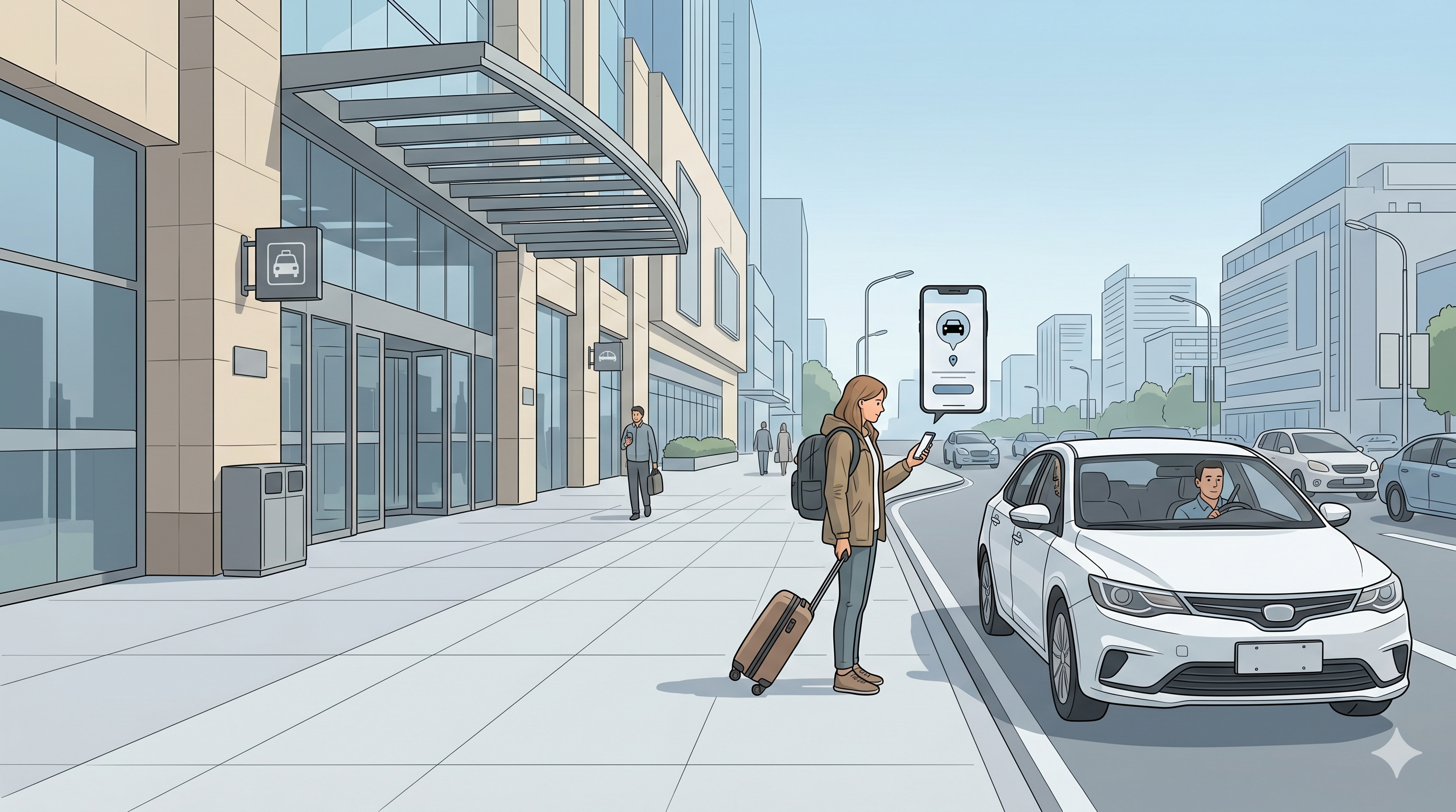 Traveler checking a ride-hailing car outside a modern Chinese city building